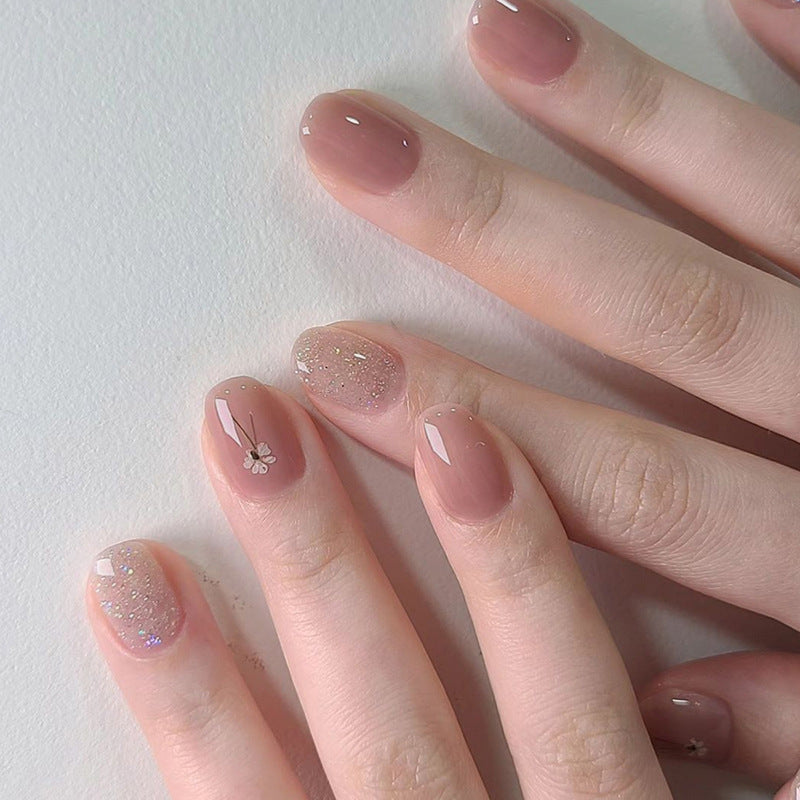 Short Nude Floral Elegant Press On Nails