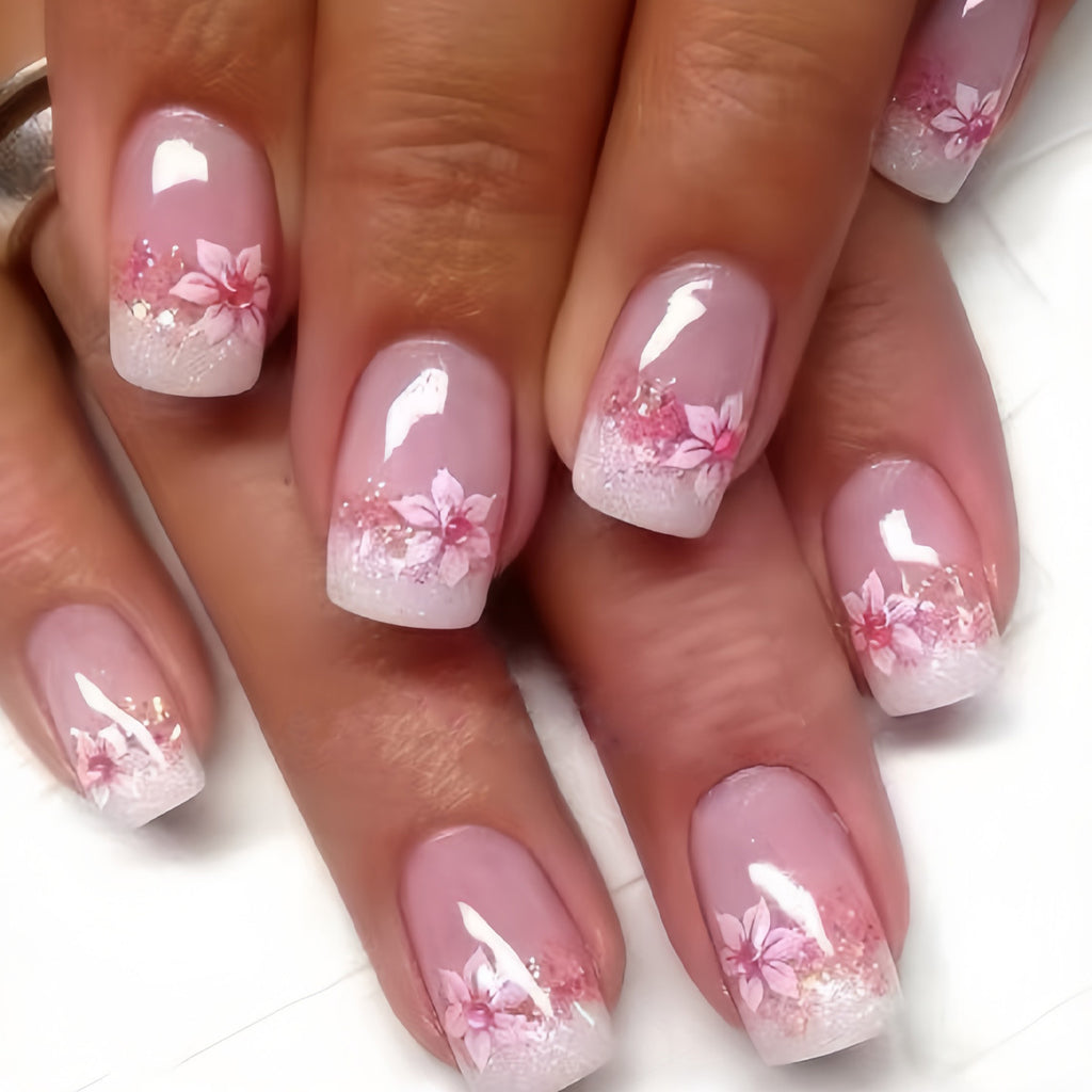 Square French Glitter Rose Press On Nails